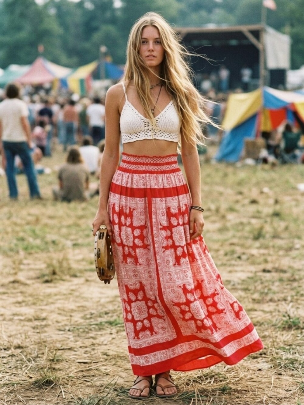 VINTAGE 70s Red And White Print Maxi Skirt with Smocked High Waist